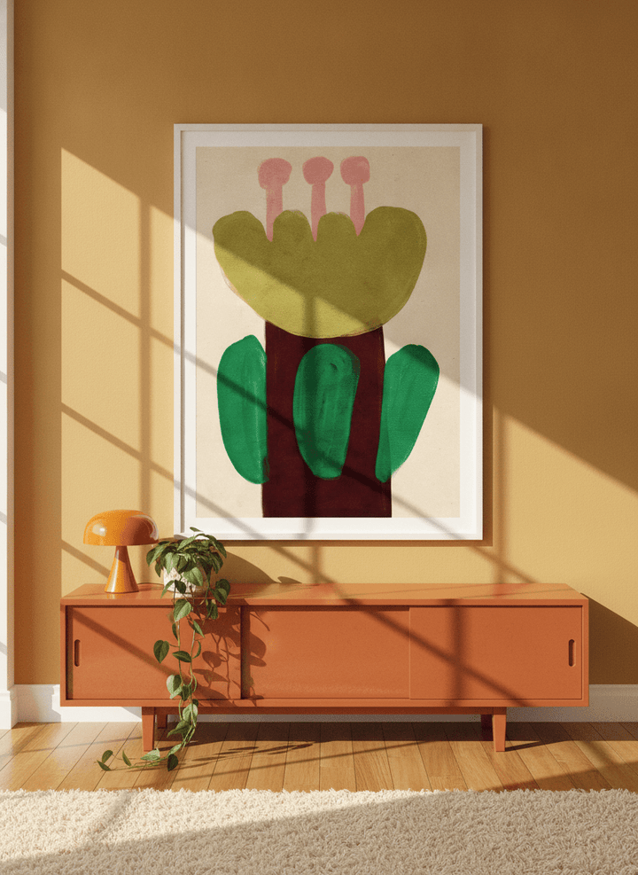 Oversized statement modern wall art print styled on the wall in a retro 70s living room