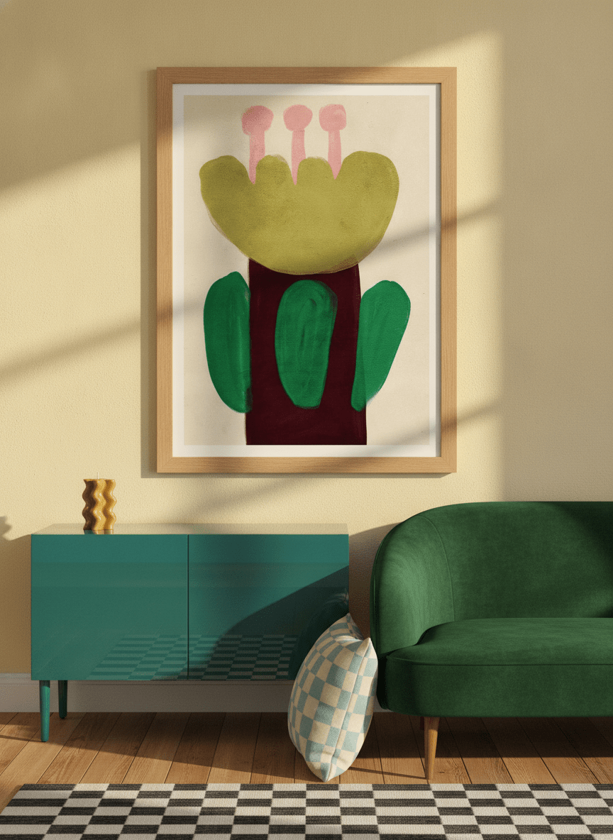 Modern wall art print styled on the wall in a colourful eclectic living room