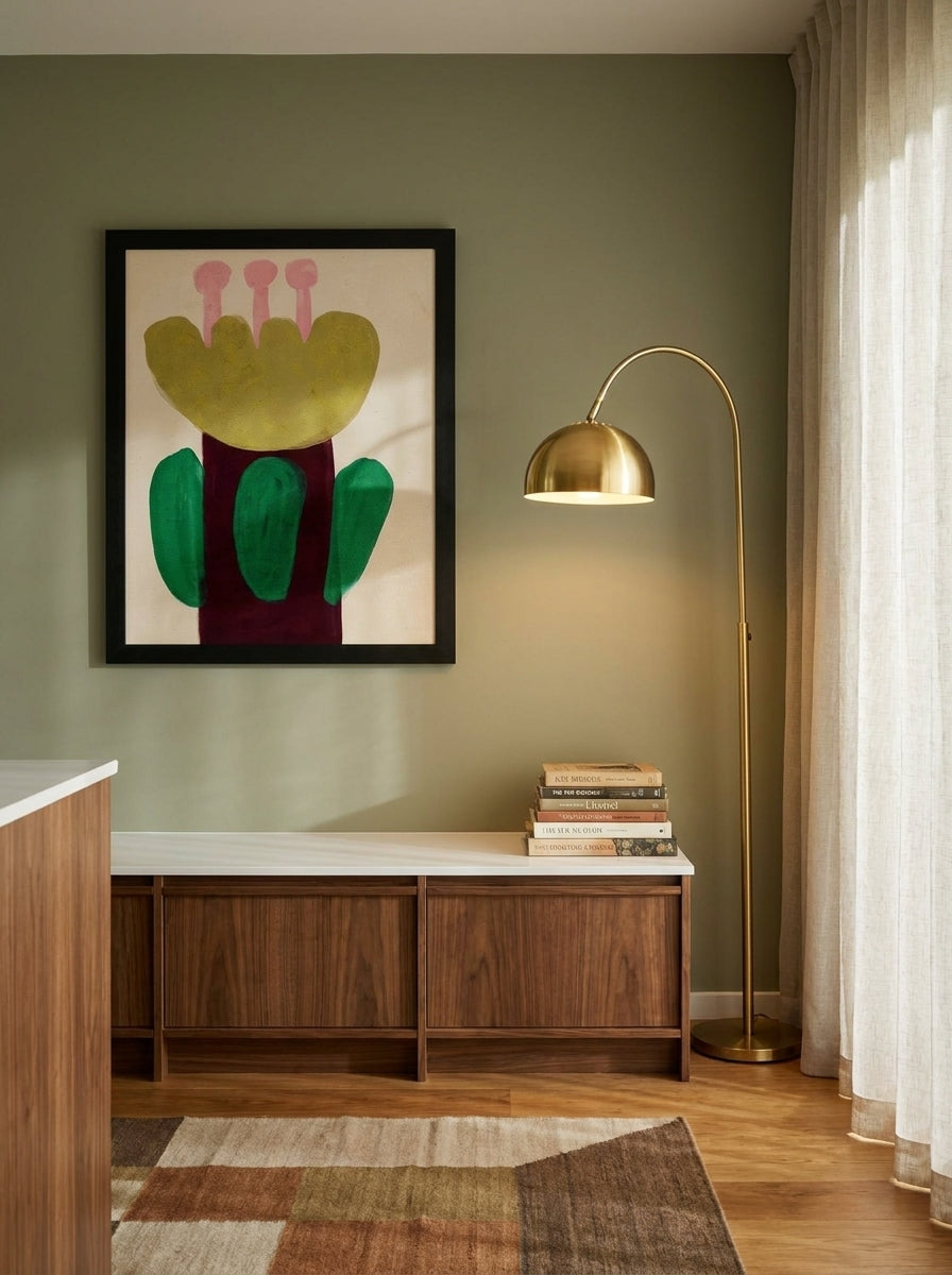 Modern wall art print styled on the wall in a mid-century kitchen