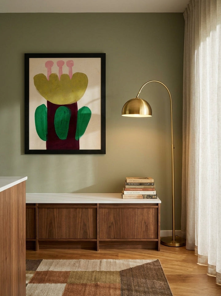 Modern wall art print styled on the wall in a mid-century kitchen