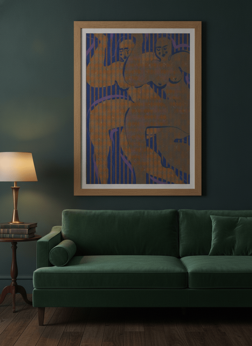 Modern wall art print styled on the wall in a moody living room