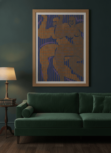 Modern wall art print styled on the wall in a moody living room