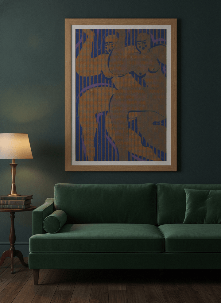 Modern wall art print styled on the wall in a moody living room