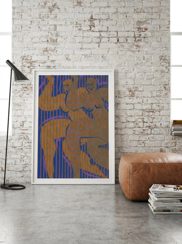 Modern wall art print leaning against the wall in an industrial loft living room