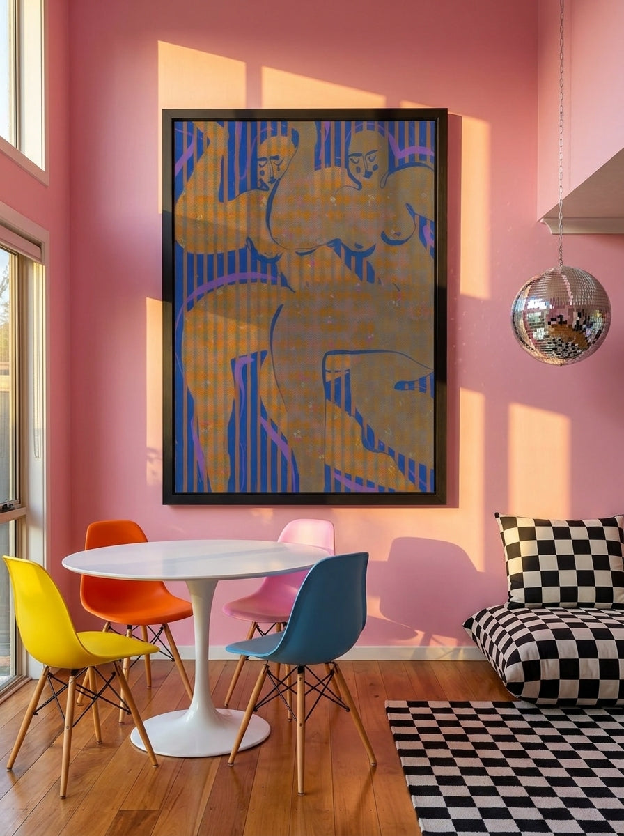 Oversized statement modern wall art print styled on the wall in a colourful eclectic dining room