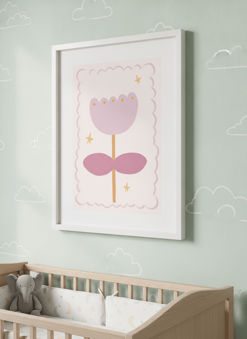 Soft neutral wall art styled in a serene nursery with pastel tones