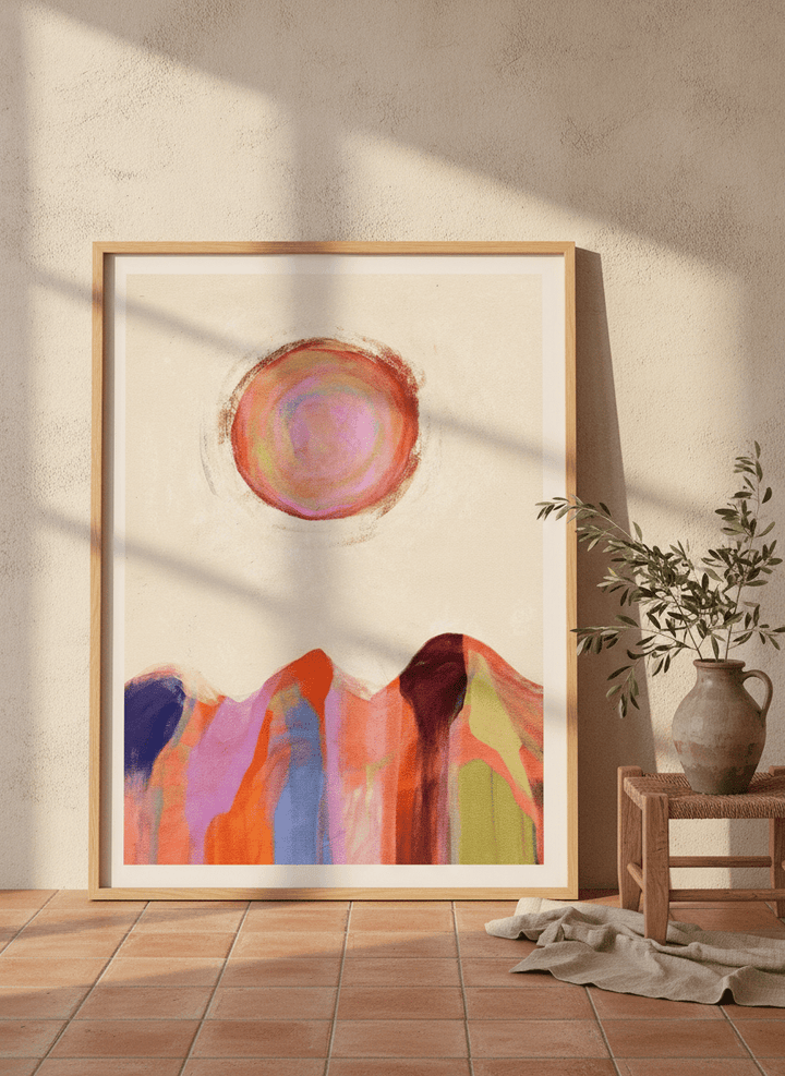 Modern wall art print leaning against the wall in a Mediterranean home office