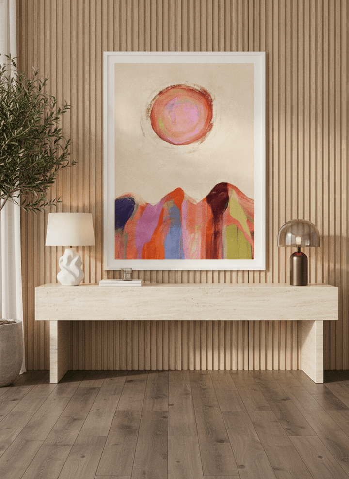 Modern wall art print styled on the wall in a luxe living room