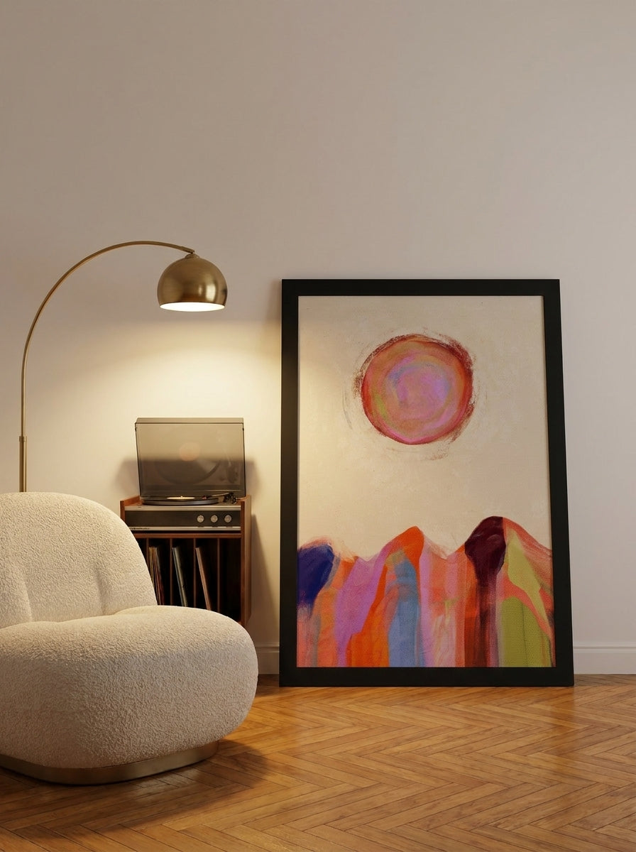 Oversized statement modern wall art print leaning against the wall in a mid-century dining room