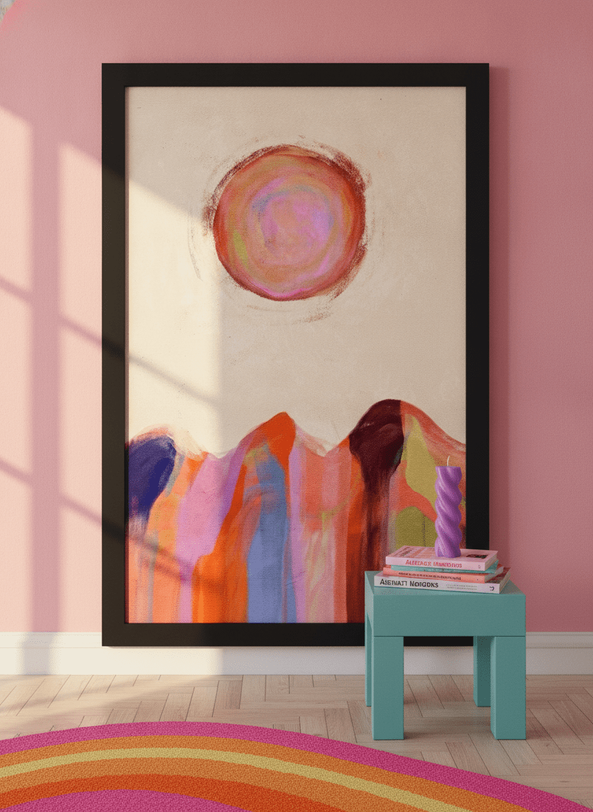 Modern wall art print standing on a side table in a colourful eclectic bedroom