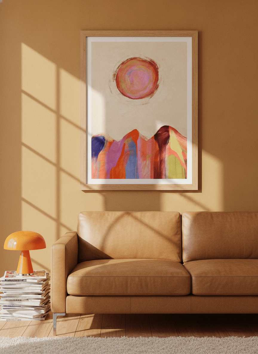 Modern wall art print styled on the wall in a retro 70s living room