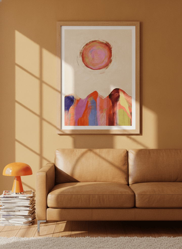 Modern wall art print styled on the wall in a retro 70s living room