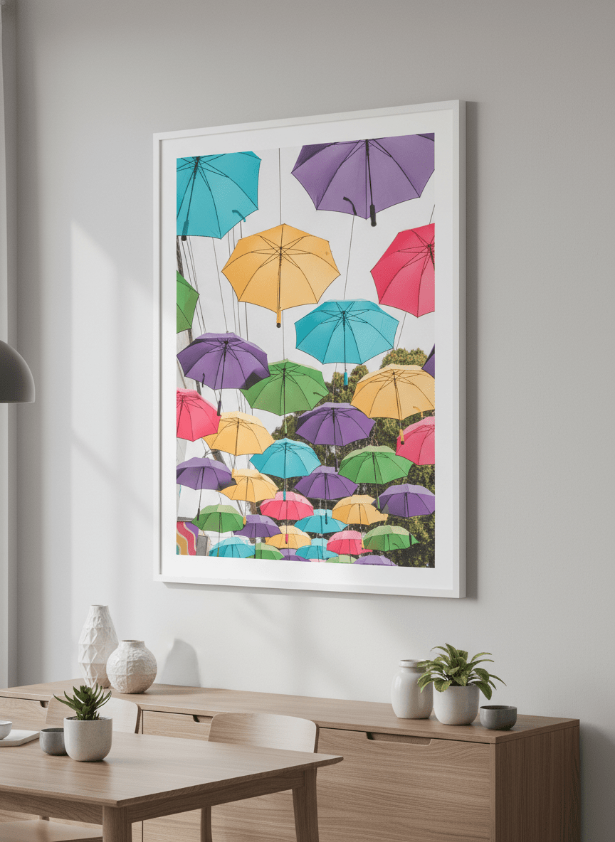 Wall art styled above a dining table in a contemporary home