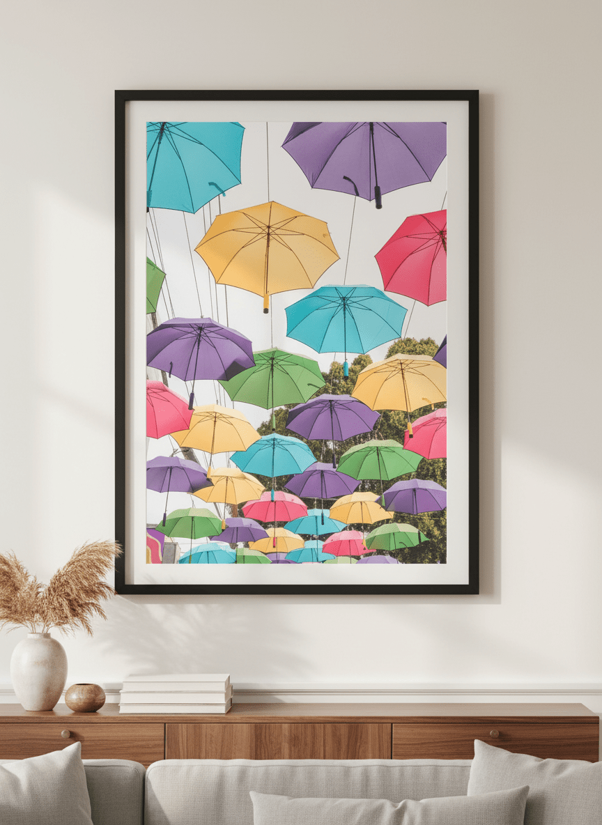 Modern wall art styled above a sofa in a neutral living room