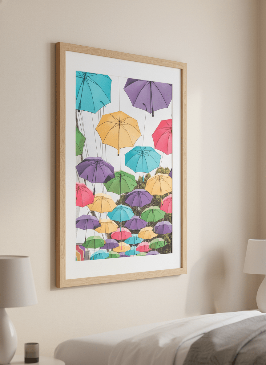Minimalist artwork displayed in a calm, light-filled bedroom interior