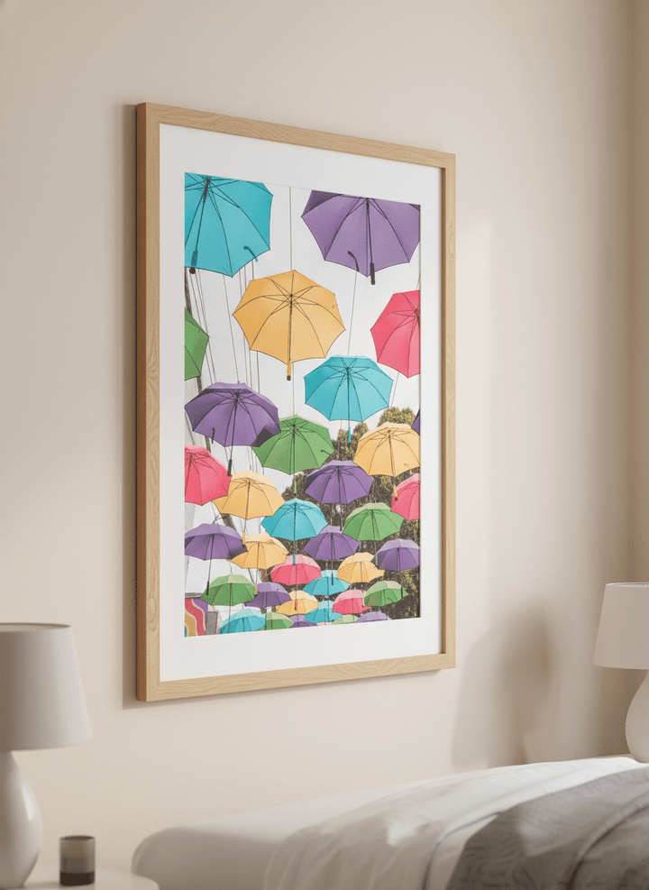 Minimalist artwork displayed in a calm, light-filled bedroom interior