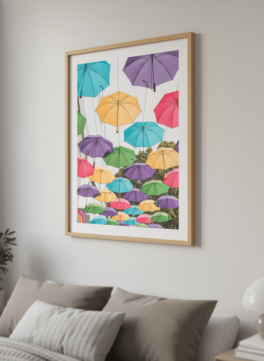 Minimalist artwork displayed in a calm, light-filled bedroom interior