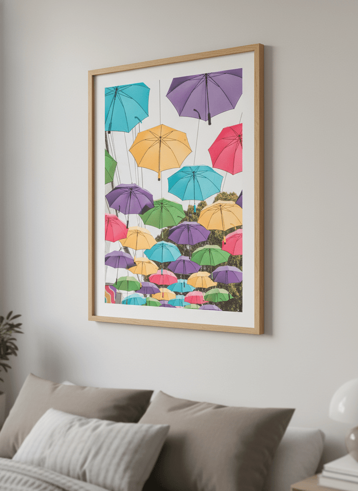 Minimalist artwork displayed in a calm, light-filled bedroom interior