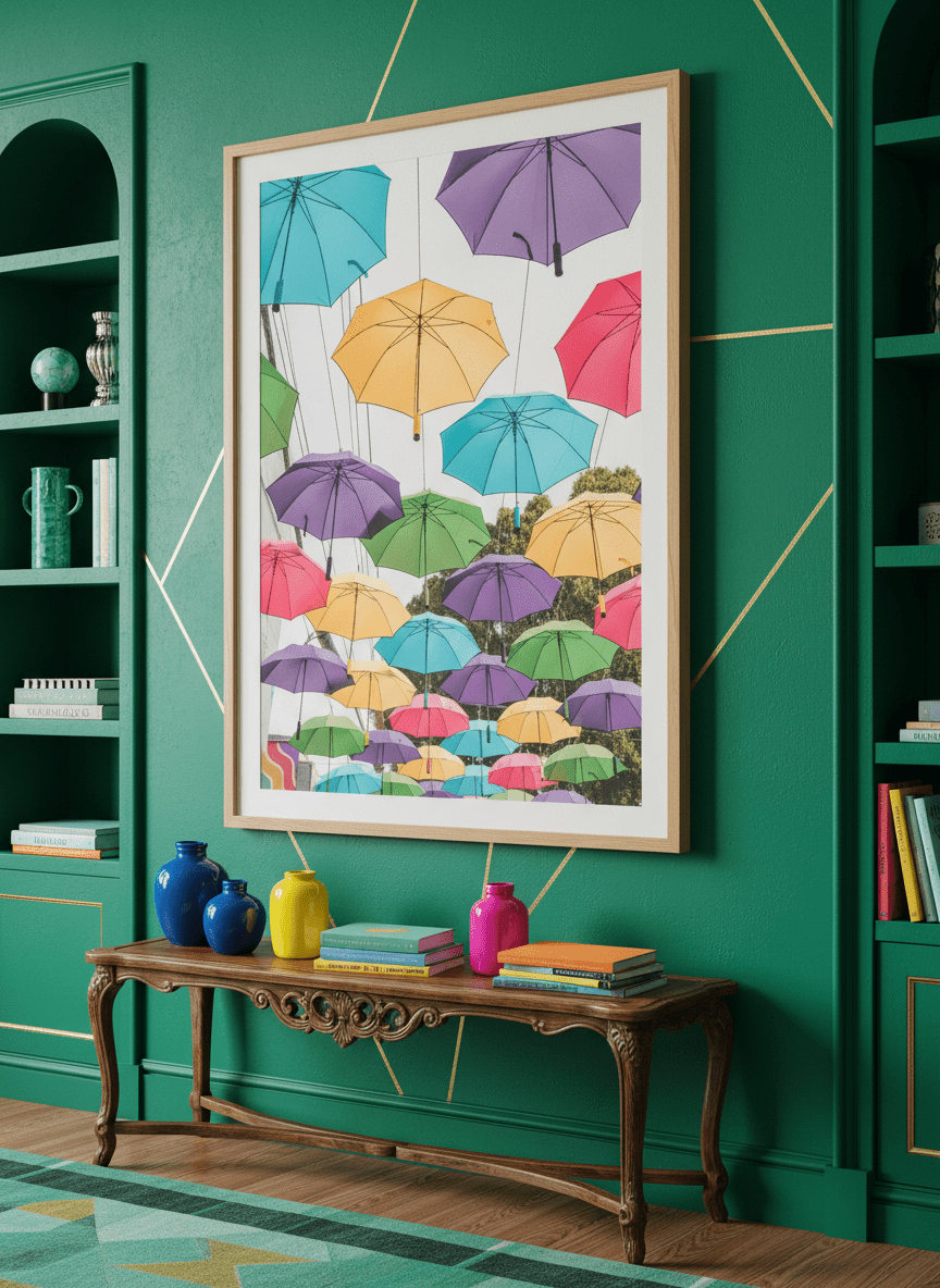 Bold wall art styled in a colourful, eclectic modern home