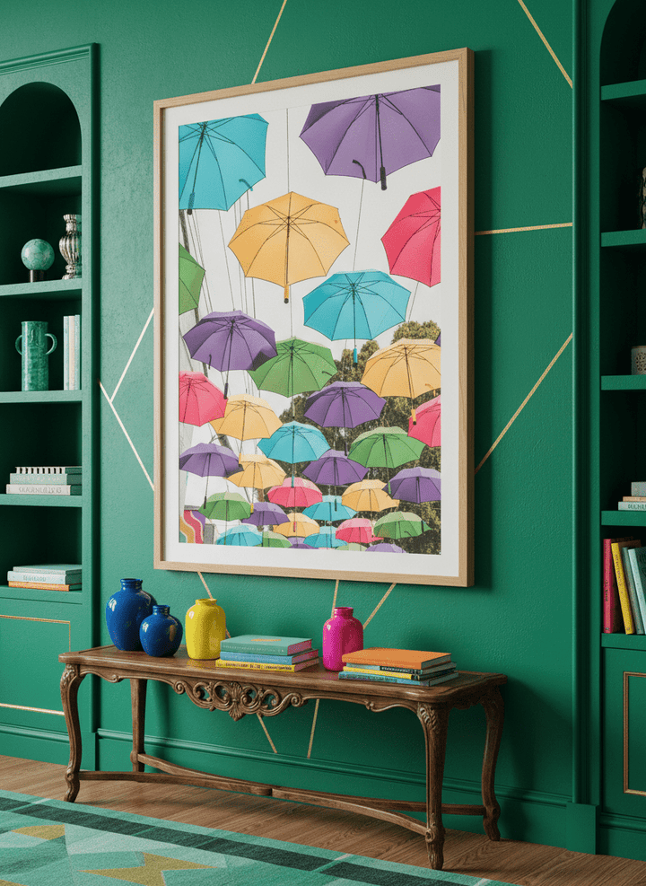 Bold wall art styled in a colourful, eclectic modern home