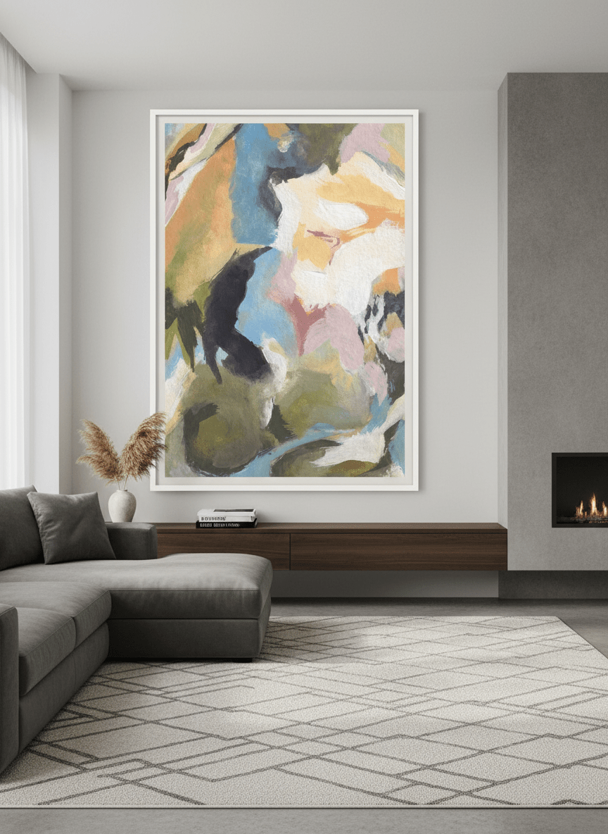 Monumental artwork centred on a feature wall in a luxe interior