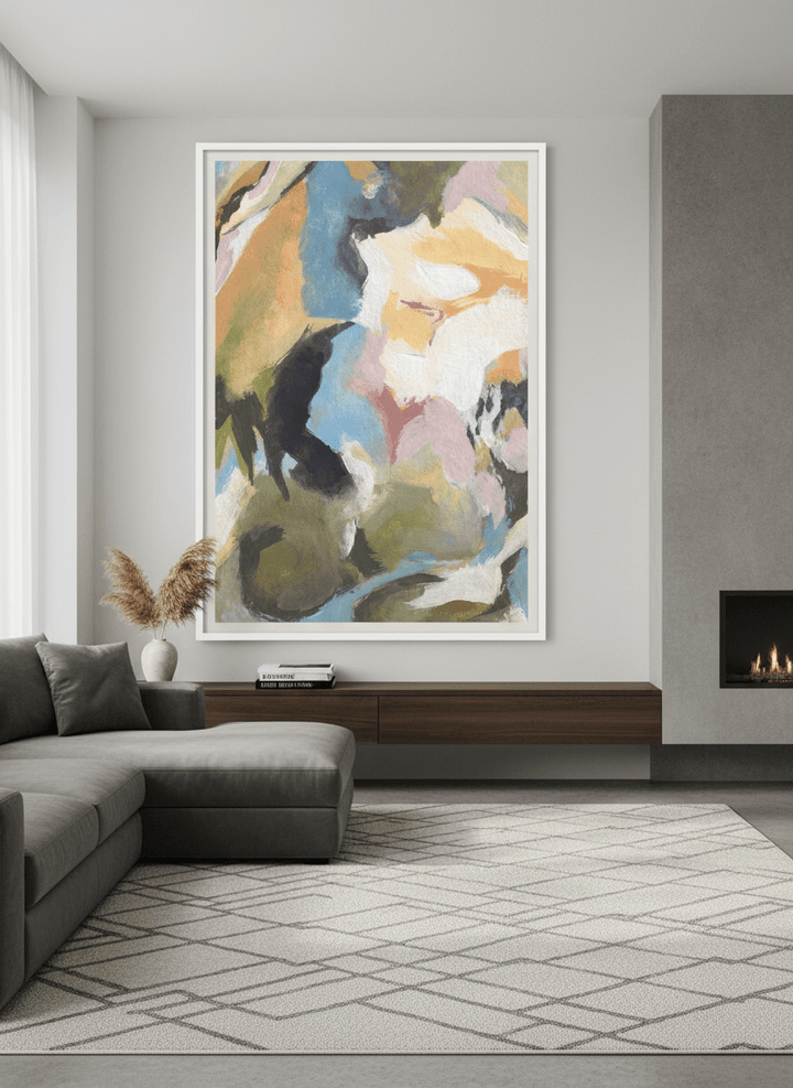 Monumental artwork centred on a feature wall in a luxe interior