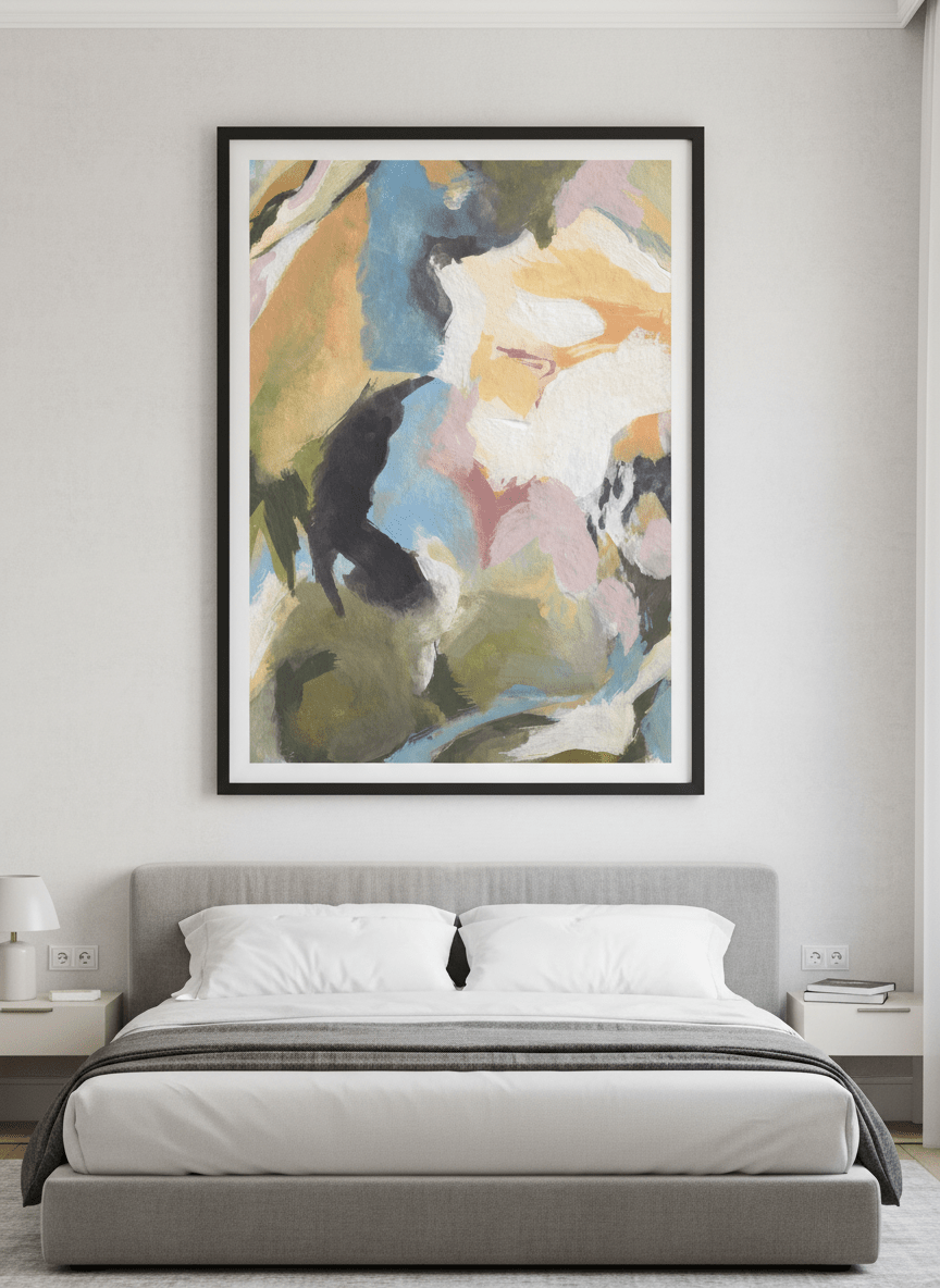 Minimalist artwork displayed in a calm, light-filled bedroom interior