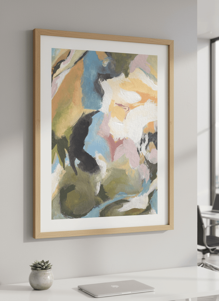 Contemporary wall art featured in a bright modern office workspace