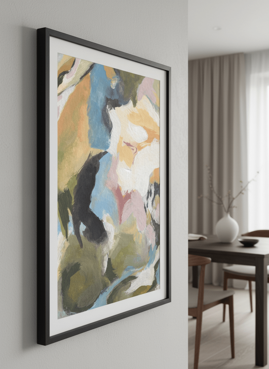 Wall art styled above a dining table in a contemporary home