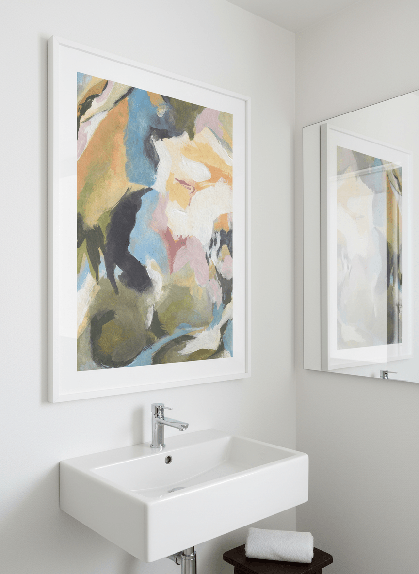 Modern print displayed in a clean minimalist bathroom setting