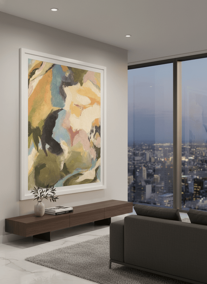 Monumental artwork centred on a feature wall in a luxe interior