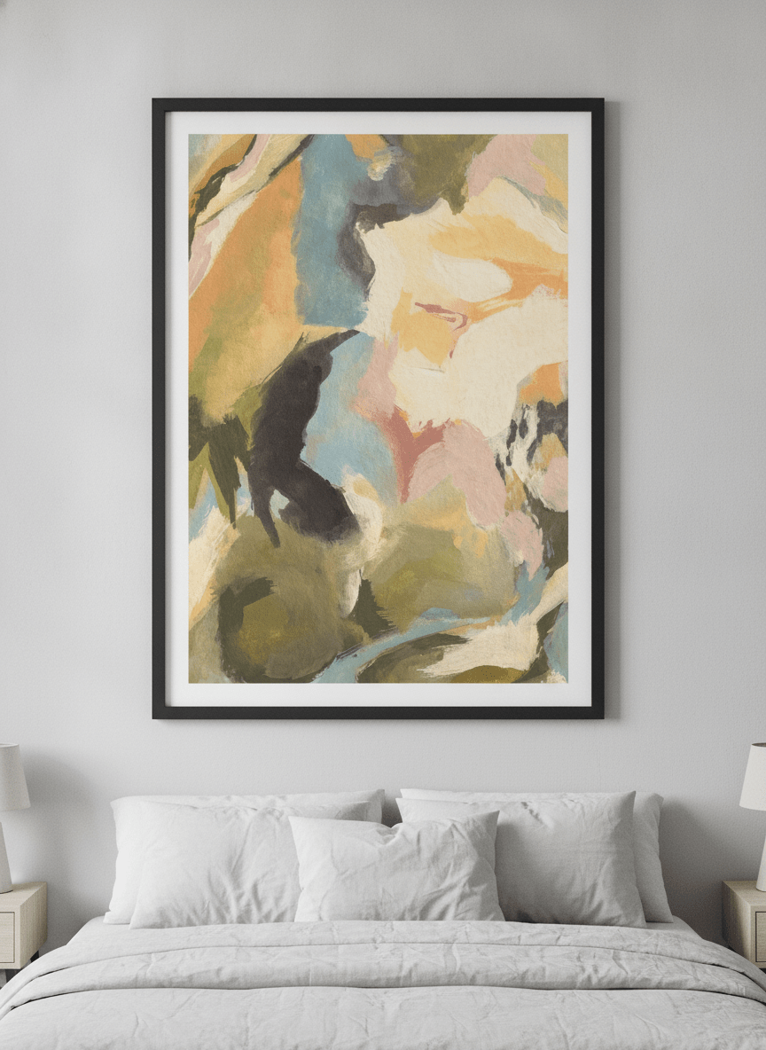 Minimalist artwork displayed in a calm, light-filled bedroom interior