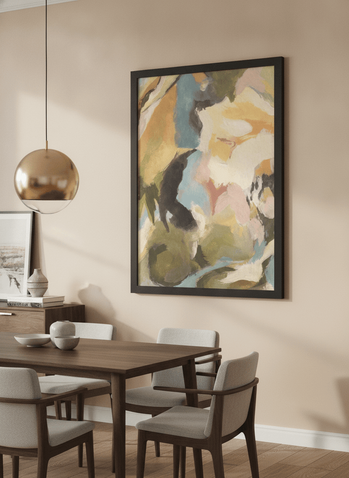Wall art styled above a dining table in a contemporary home
