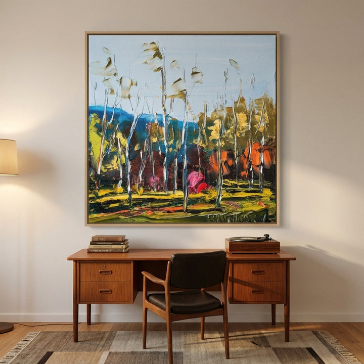 Oversized statement canvas wall art with a natural timber surround styled on the wall in a mid-century home office