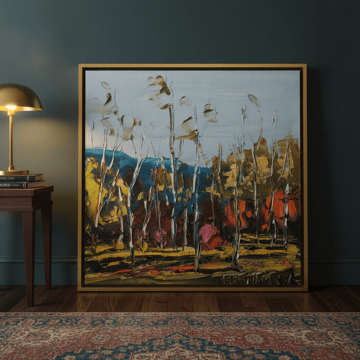 Canvas wall art with a gold leaf surround leaning against the wall in a moody living room