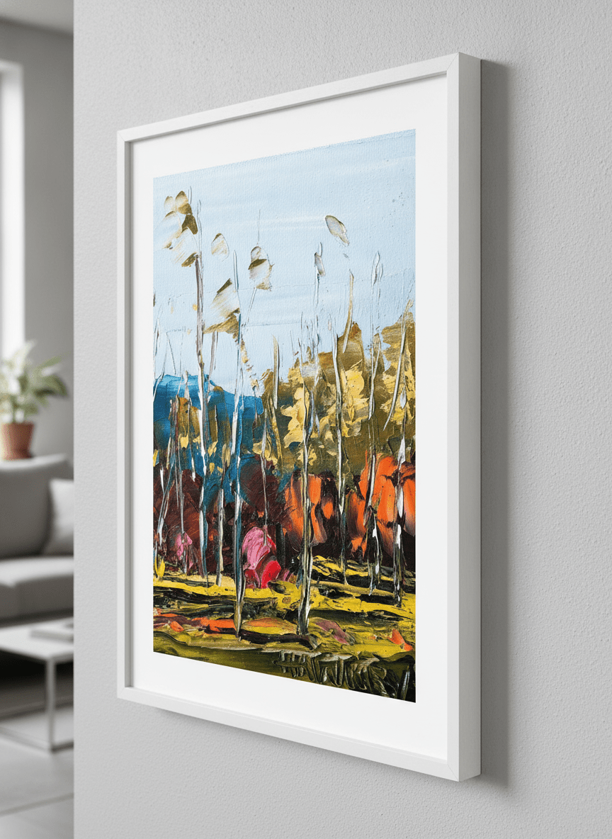 Modern wall art styled above a sofa in a neutral living room