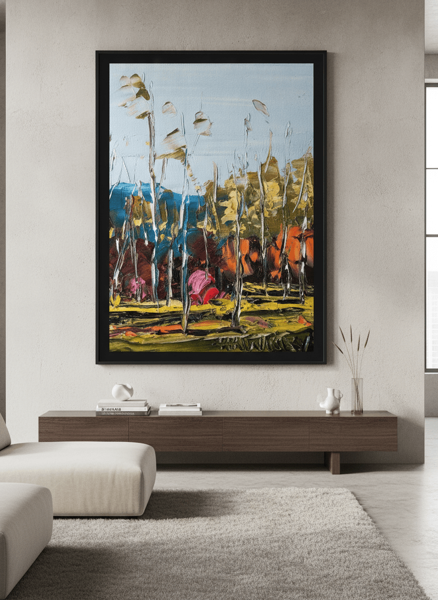 Monumental artwork centred on a feature wall in a luxe interior