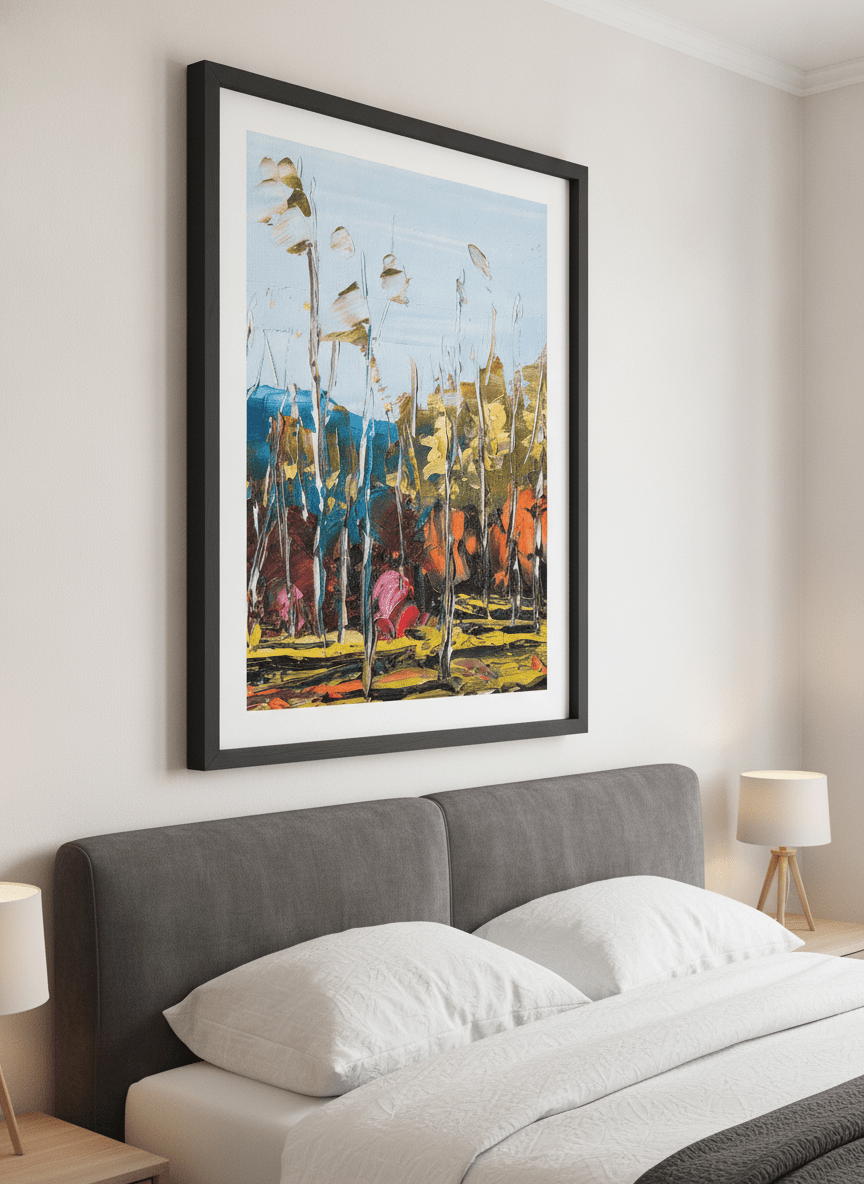 Minimalist artwork displayed in a calm, light-filled bedroom interior