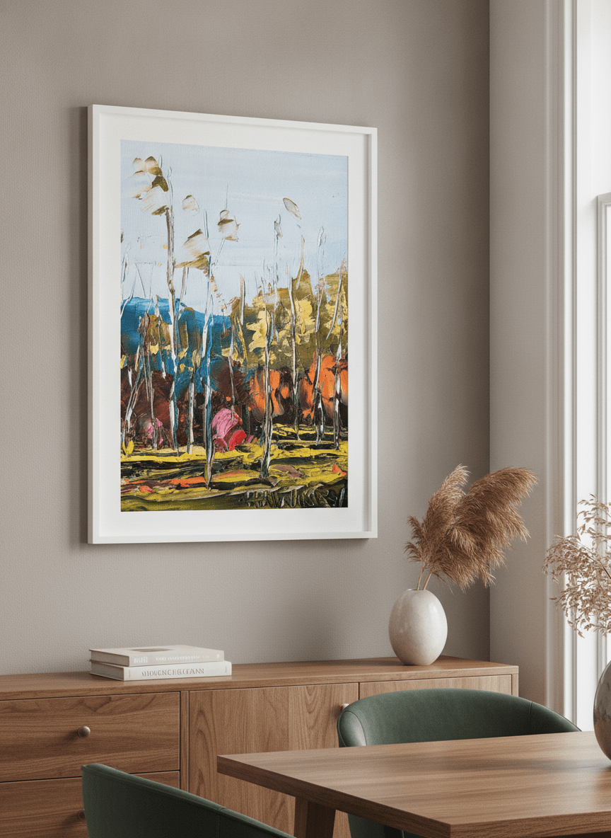 Wall art styled above a dining table in a contemporary home