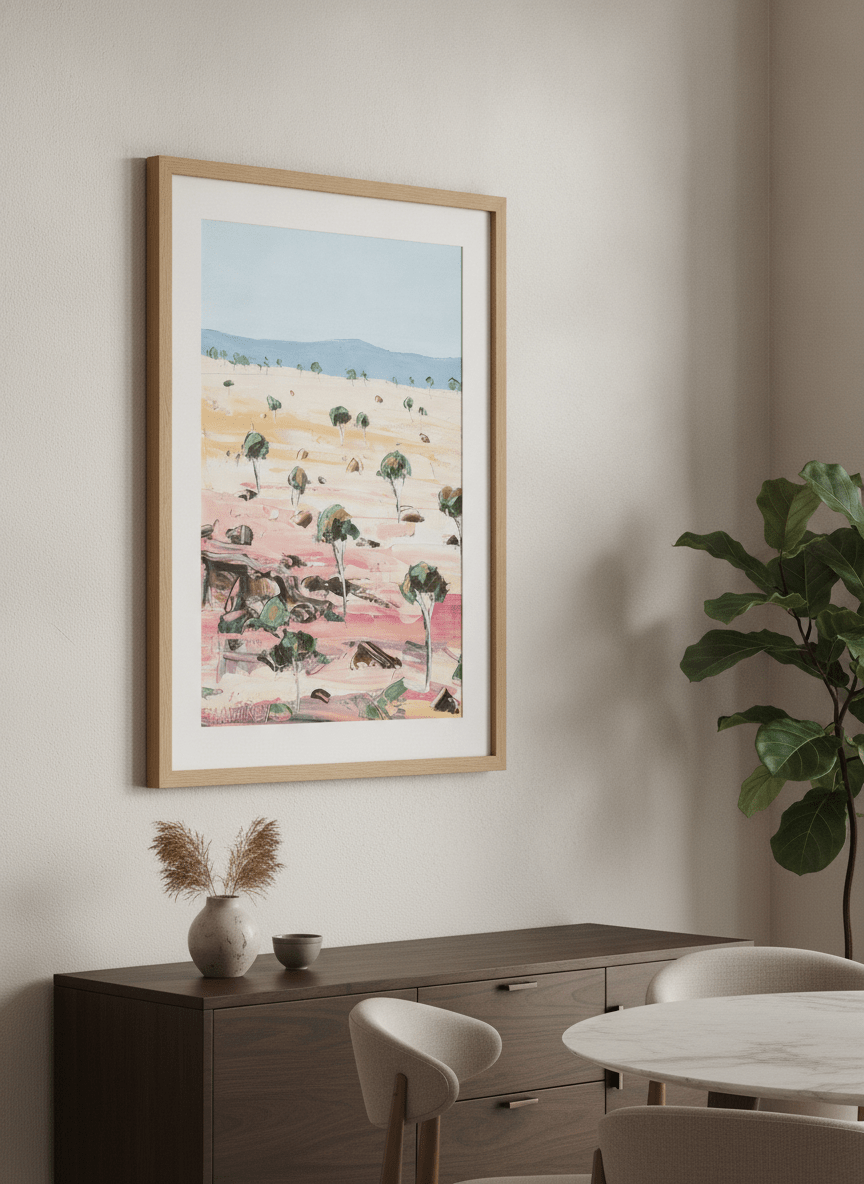 Wall art styled above a dining table in a contemporary home