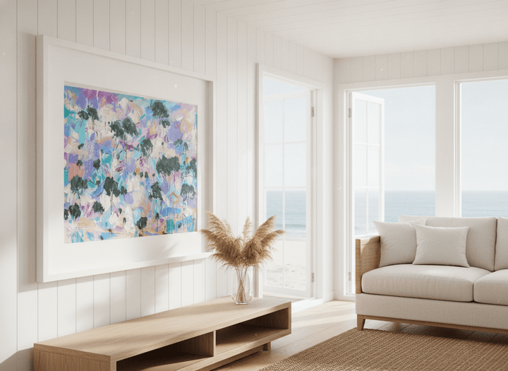 Neutral wall art displayed in a sunny coastal beach house