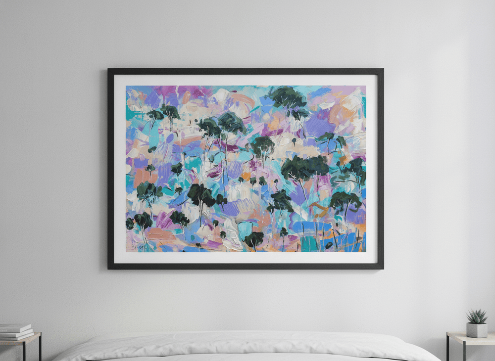 Minimalist artwork displayed in a calm, light-filled bedroom interior