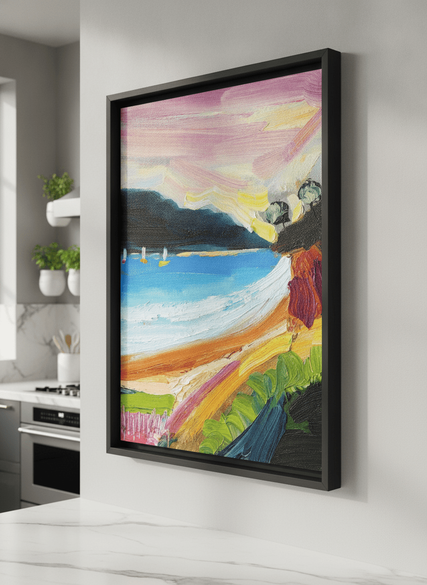 Artwork styled on the wall of a bright modern kitchen