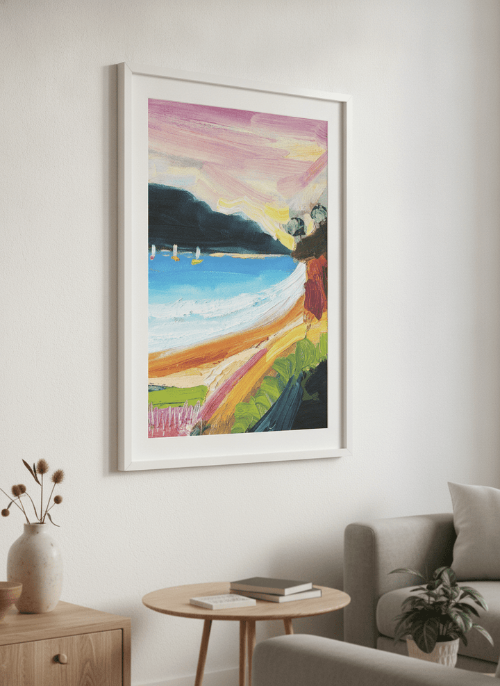 Modern wall art styled above a sofa in a neutral living room