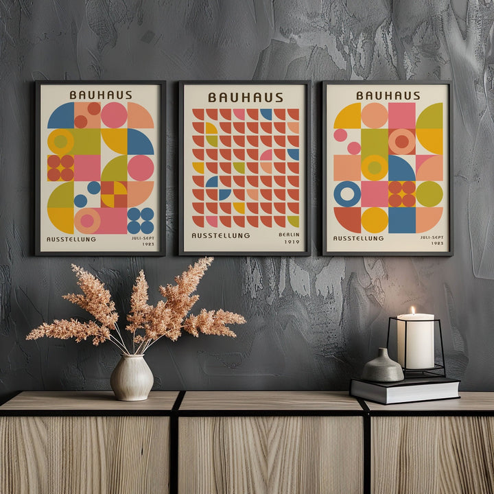 Colourful Bauhaus Trio Wall Art Prints,bedroom,timber border