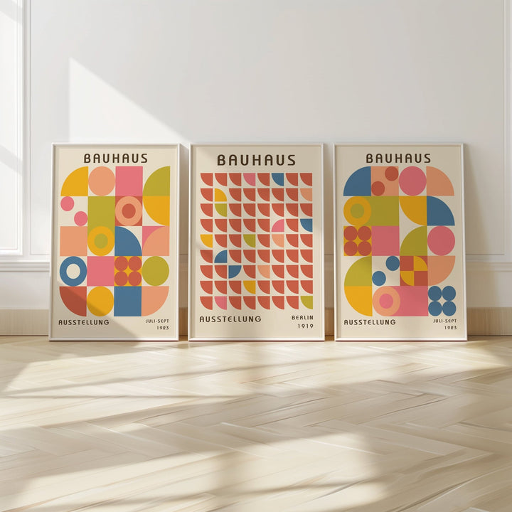 Colourful Bauhaus Trio Wall Art Prints,bedroom,timber border