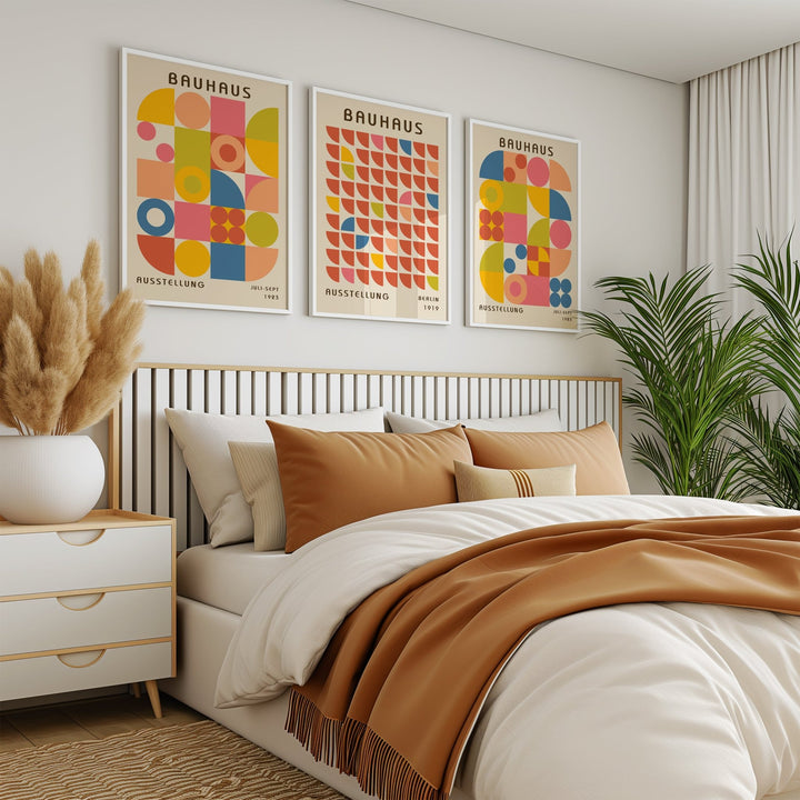 Colourful Bauhaus Trio Wall Art Prints,bedroom,timber border