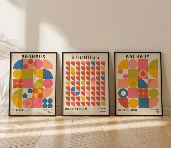 Colourful Bauhaus Trio Wall Art Prints,bedroom,timber border