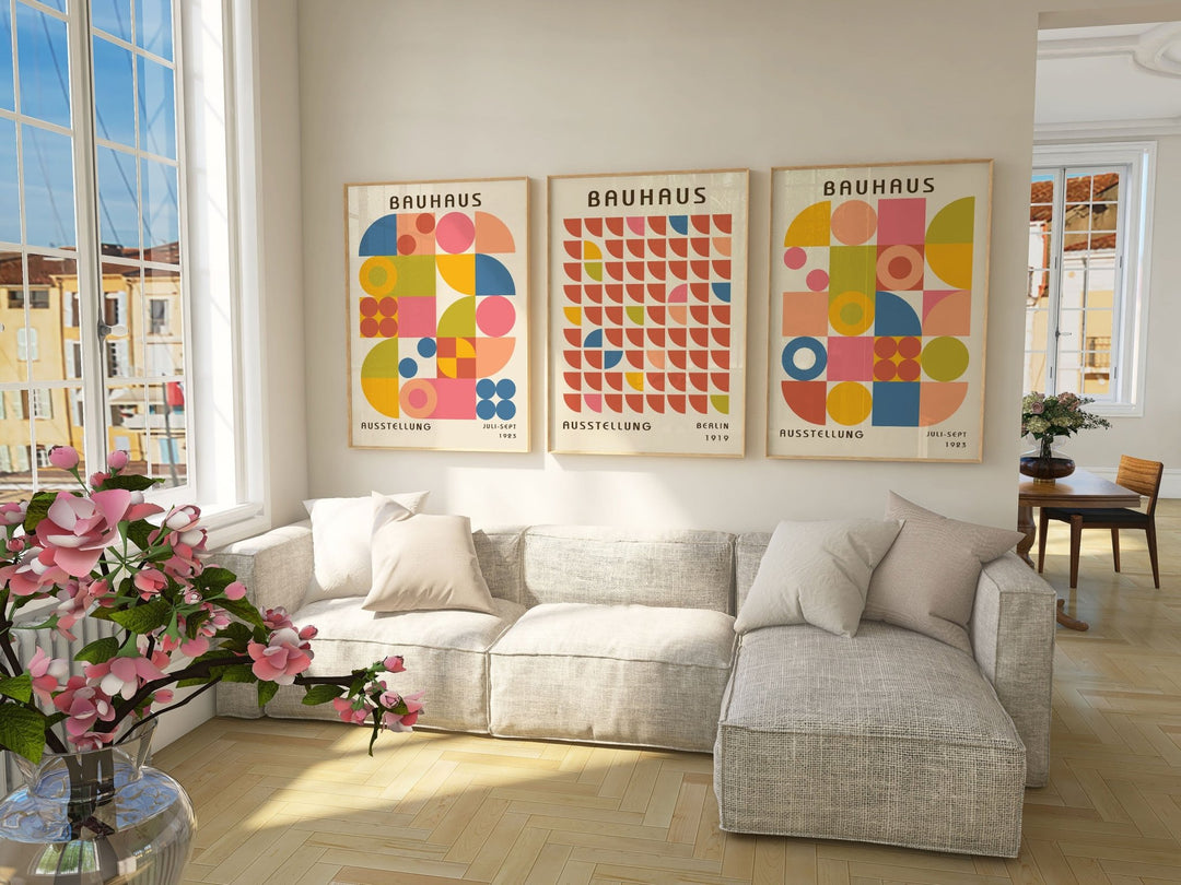 Colourful Bauhaus Trio Wall Art Prints,bedroom,timber border