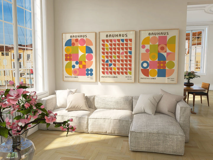 Colourful Bauhaus Trio Wall Art Prints,bedroom,timber border